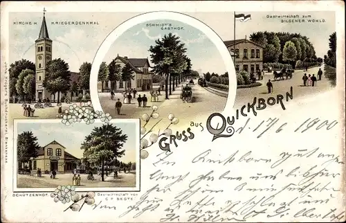 Litho Quickborn in Schleswig Holstein, Kirche, Kriegerdenkmal, Schützenhof, Schmidts Gasthof