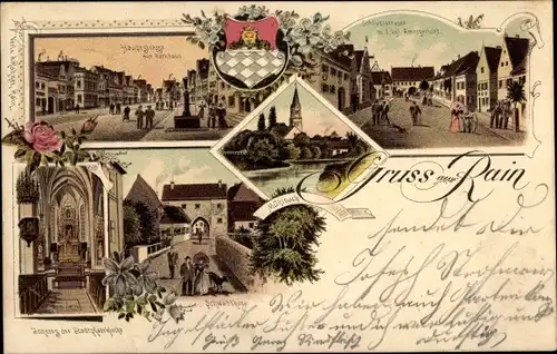 Litho Rain am Lech Schwaben, Schlossstraße, Amtsgericht, Rathaus, Kirche, Innenansicht, Mühlbach