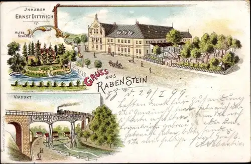 Litho Rabenstein Chemnitz in Sachsen, Viadukt, Gasthaus altes Schloss