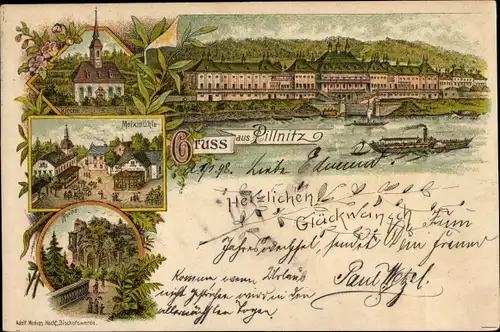 Litho Dresden Pillnitz, Meixmühle, Ruine, Blick auf den Ort