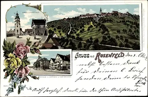 Litho Rosenfeld im Zollernalbkreis, Kirche, Forsthaus, Rathaus, Apotheke, Marktbrunnen, Panorama