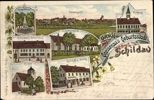 Litho Schildau in Sachsen, Geburtshaus Gneisenau, Kriegerdenkmal, Rathaus, Handlung