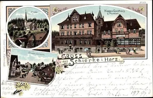 Litho Schierke Wernigerode am Harz, Hoppes Gasthaus und Pension, Kirche, Straßenpartie