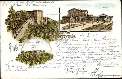 Litho Sélestat Schlettstadt Elsass Bas Rhin, Bahnhof, Gleisseite, Hoh Königsburg