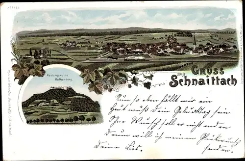 Litho Schnaittach in Mittelfranken, Totalansicht der Ortschaft, Festungsruine Rothenberg