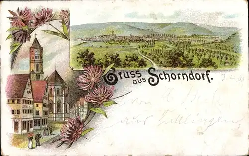 Litho Schorndorf in Württemberg, Ort mit Umgebung, Kirche