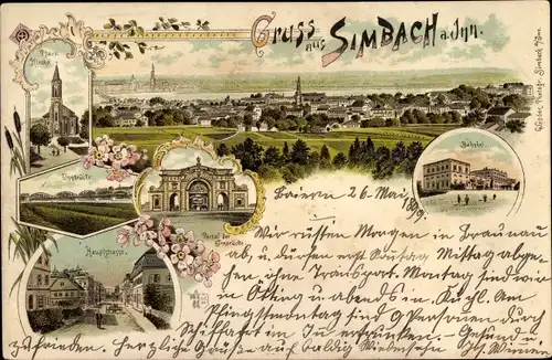 Litho Simbach am Inn in Niederbayern, Portal der Innbrücke, Bahnhof, Pfarrkirche, Hauptstraße