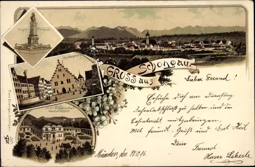 Litho Schongau in Oberbayern, Marienplatz, Kriegerdenkmal, Hotel Johannisbad Naturheilanstalt