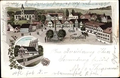 Litho Siegenburg in Niederbayern, Teilansicht der Stadt, Hopfenhalle