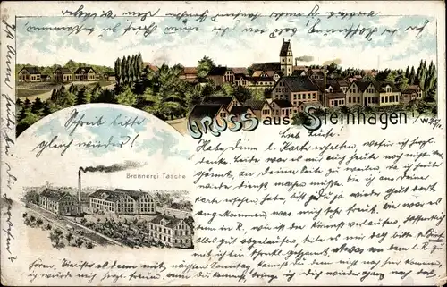 Litho Steinhagen in Westfalen, Blick auf den Ort, Brennerei Tasche