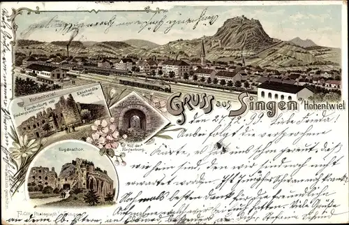 Litho Singen Hohentwiel Baden Württemberg, Blick auf den Ort mit Bahnhof, Ruine