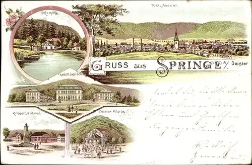 Litho Springe am Deister, Holzmühle, Deisterfporte, Kriegerdenkmal, Jagdschloss