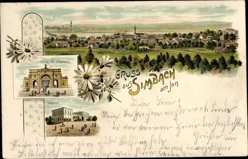 Litho Simbach am Inn in Niederbayern, Bahnhof, Portal der Innbrücke, Panorama vom Ort