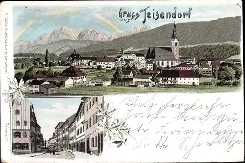 Litho Teisendorf in Oberbayern, Totalansicht der Ortschaft, Regenbogen