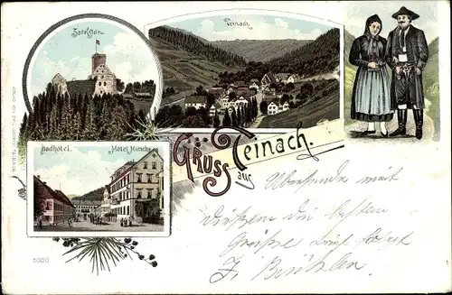 Litho Bad Teinach Zavelstein im Schwarzwald, Paar in Trachten, Badhotel, Hotel Hirsch