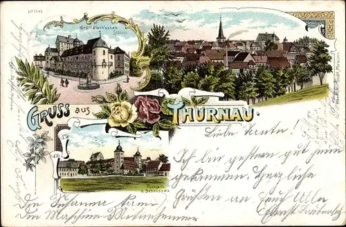 Litho Thurnau in der Fränkischen Schweiz Bayern, Schloss, Totalansicht der Ortschaft