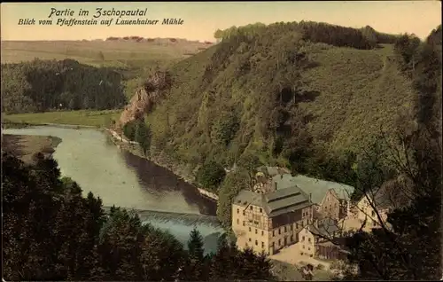 Ak Lauenhain Mittweida in Sachsen, Zschopautal, Blick vom Pfaffenstein auf Lauenhainer Mühle