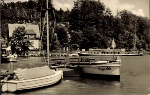 Ak Kriebstein Mittelsachsen, Zschopau Talsperre, Bootsstation, Boot Wappenfels