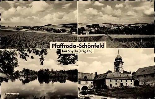 Ak Schönfeld Pfaffroda Olbernhau im Erzgebirge, Feierabendheim, Schlossparkteich, Feld, Panorama