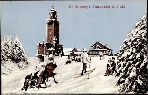 Ak Niederreifenberg Schmitten im Taunus, Großer Feldberg, Gipfel, Schlittenfahrer, Winteransicht