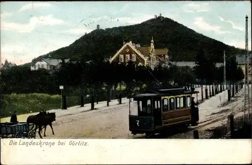 Ak Görlitz in der Lausitz, Landeskrone, Straßenbahn, Pferdekarren