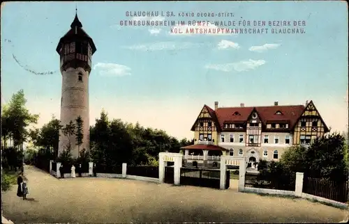 Ak Glauchau in Sachsen, König Georg Stift, Genesungsheim im Rümpfwalde, Turm