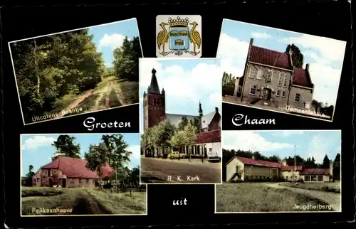 Ak Chaam Nordbrabant Niederlande, Gemeentehuis, Jeugdherberg, R. K. Kerk, Pelikaanhoeve