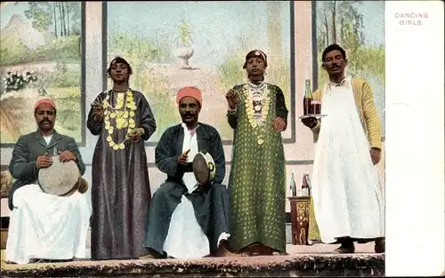 Ak Ägypten, Dancing Girls, Kellner, Männer mit Tambourinen, Tänzerinnen