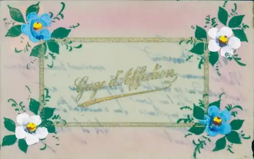 Zelluloid Ak Gage d'Affection, Weiße und blaue Blumen