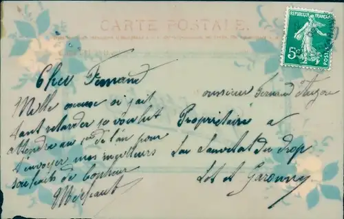 Zelluloid Ak Gage d'Affection, Weiße und blaue Blumen