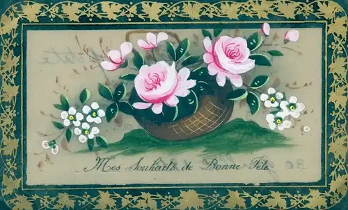 Zelluloid Ak Glückwunsch, Bonne Fete, Blumenkorb