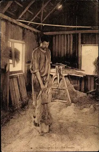 Ak Serancage du Lin, Flachsverarbeitung, Maschine