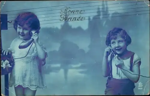 Ak Glückwunsch Neujahr, Bonne Année, Kinder am Telefon