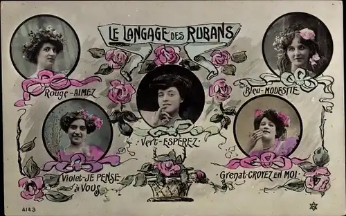 Ak Le Langage des Rubans, Vert - esprerez, bleu - modestie, Bänder, Frauenportraits