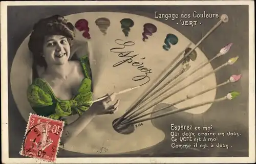 Ak Le Langage des Couleurs, Vert, esprerez en moi, Farbpalette, Frauenportrait