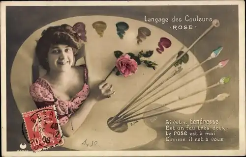 Ak Langage des Couleurs, Rose, Si votre tendresse est un freu tres doux, Farbpalette, Frauenportrait