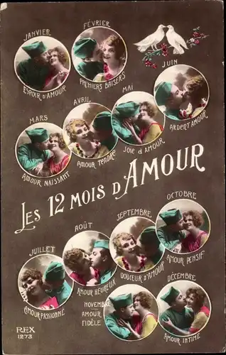 Ak Les 12 Mois d'Amour, Monate, Liebespaar, französischer Soldat