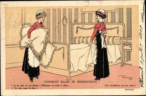 Künstler Ak Comment elles se renseignent, Zimmermädchen, Reklame Creme Malaceine