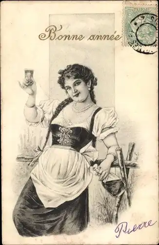 Ak Glückwunsch Neujahr, Junge Frau mit Weinglas