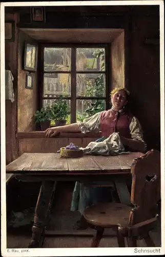 Künstler Ak Rau, E., Sehnsucht, nähende Frau an einem Tisch