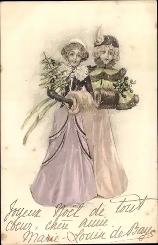 Ak Glückwunsch Weihnachten, Zwei Frauen mit Tannenbaum und Mistelzweig