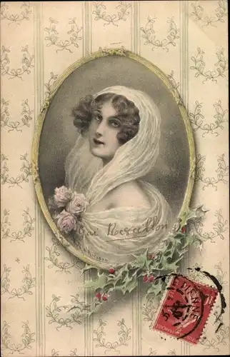 Künstler Ak Wichera, Portrait einer Frau  mit Schleier, Stechpalmenzweige