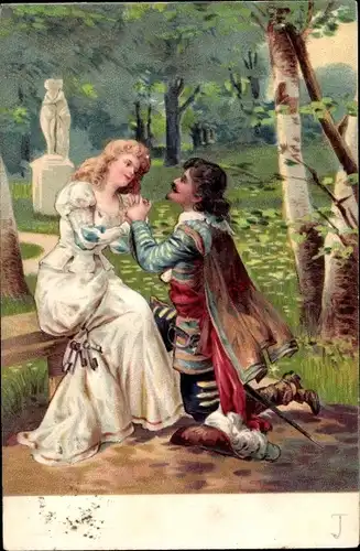 Ak Liebespaar, Mann kniet vor einer Frau, Schlüsselbund