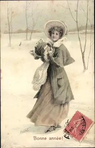 Künstler Ak Glückwunsch Neujahr, Frau mit Muff im Schnee
