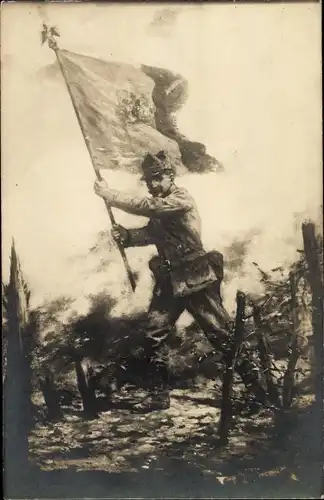 Ak Soldat mit Fahne umgeben von Stacheldraht