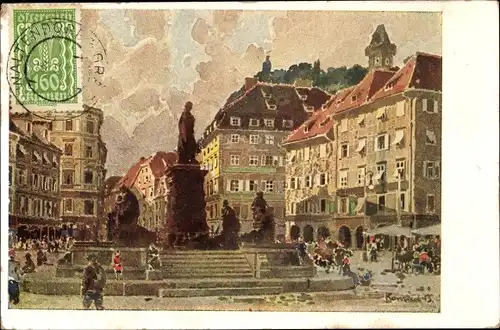 Künstler Ak Konrad, B., Graz Steiermark, Partie auf dem Hauptplatz, Denkmal, Uhrturm