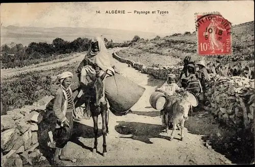 Ak Algerien, Paysage et Types, Kind auf Esel, Pferd mit Reiter,Collection Idéale