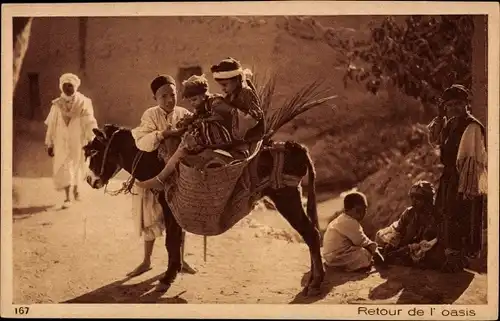 Ak Retour de l'oasis, Jungen reiten auf einem Esel, Lehnert & Landrock 167