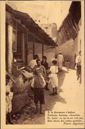 Ak Maghreb, Rue dans la Casbah, Marktstände, Pierre Aguétant Zitat