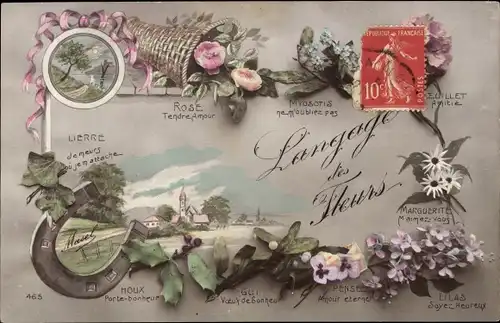 Ak Langage des Fleurs, Blumensprache, Hufeisen, Rose Tendre Amour, Lilas Soyez Heureux